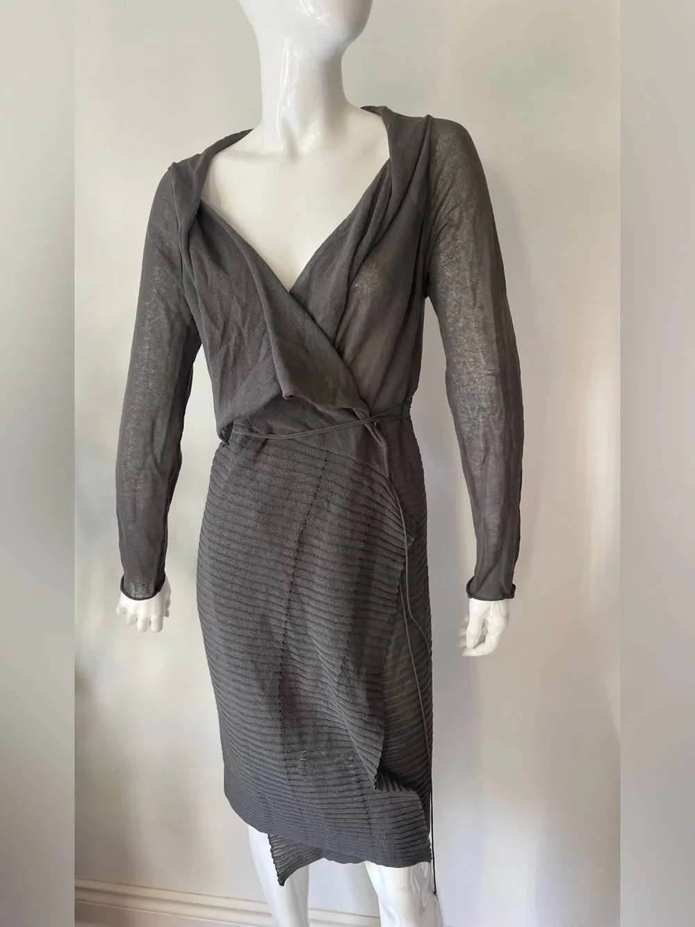 Sarah Pacini Draped Knit Wrap Dress Sweater Taupe Gray Size S M - Picture 6 of 11